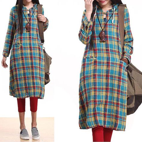 Color plaid hooded plaid long dress / long sleeve cotton big pockets  Dress Checks Kurti Designs Latest, Long Dress Long Sleeve, Kurta Style, Long Kurti Designs, Big Pockets, Hooded Dress, Indian Outfit, Kurta Designs, Dress Long Sleeve