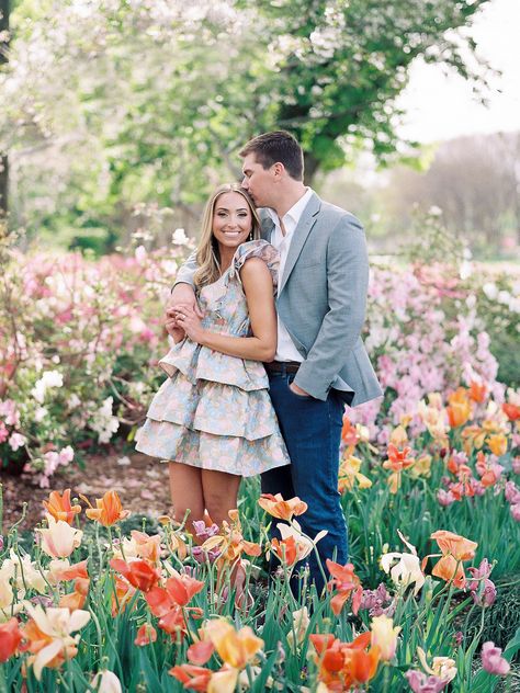 Engagement Garden Photoshoot, Flowers Engagement Photos, Spring Engagement Photo Ideas, Engagement Photos Flowers Bouquets, Springtime Engagement Photos, Easter Photoshoot Couples, Engagement Photos Arboretum, Tulip Engagement Photos, Engagement Photos Floral Dress