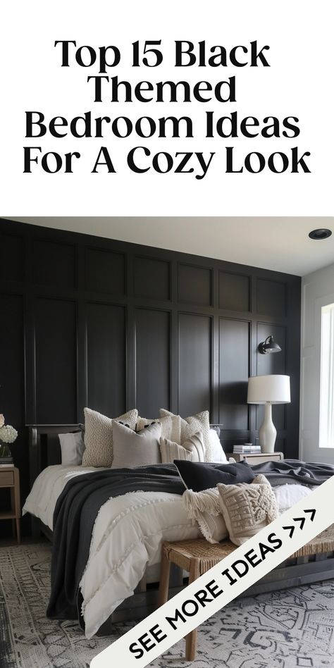 Discover stunning black bedroom decor ideas to elevate your space. Embrace the elegance of a black bedroom wall for a bold statement or incorporate subtle touches of black in your bedroom design for a modern twist. Whether you're going for a sleek and sophisticated look or aiming to create a cozy oasis, black is versatile and timeless. From furniture to accents, explore various ways to infuse the color black into your bedroom decor scheme. Black Themed Bedroom, Black Bedroom Decor Ideas, Black Wooden Bed, Black Bedroom Wall, Black And Cream Bedroom, Themed Bedroom Ideas, Modern Black Bedroom, Black And Grey Bedroom, Dark Gray Bedroom