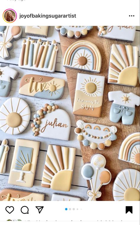 Here Comes The Son Cookies, Retro Cookies, Boho Cookies, Sunshine Cookies, Sun Cake, Cookie Birthday Party, Rainbow First Birthday, Sunshine Baby Showers, Rainbow Cookies