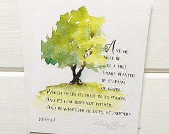 Rebekah Rodaniche on Etsy Hill Watercolor, Psalm 1 3, Tree On A Hill, Streams Of Water, Psalm 1, Arches Watercolor Paper, Chalkboard Style, Paper Tree, Bible Verse Art