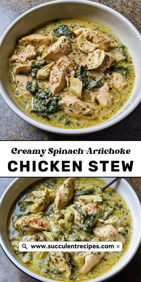 Dive into this Savory Spinach-Artichoke Chicken Stew! This creamy, flavorful dish brings together the beloved flavors of spinach-artichoke dip in a hearty chicken stew. Nyt Creamy Spinach Artichoke Chicken Stew, Spinach And Artichoke Dip Chicken Soup, Spinach Artichoke Stew, Creamy Artichoke Chicken Stew, Creamy Spinach And Artichoke Soup, Spinach Artichoke Cream Sauce, Slow Cooker Chicken Artichoke Stew, Creamy Chicken Artichoke Stew, Chicken Artichoke Stew