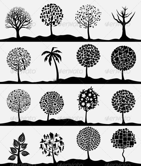 Silhouettes of trees on a white background. A vector illustration Vector Border, Wood Burning Crafts, Vector Portrait, Wood Tree, Clipart Design, Tree Drawing, Vector Artwork, Landscape Drawings, Flower Doodles