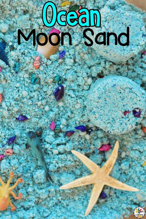 Ocean Moon Sand Sensory Bin: Sensory Play Idea For Kids World Ocean Day Activities For Kids, Sensory Bin Diy, Sand Sensory Bin, Ocean Sensory Bin, Ocean Activities Preschool, Summer Lesson Plans, Sensory Play Recipes, Ocean Commotion, Summer Lesson