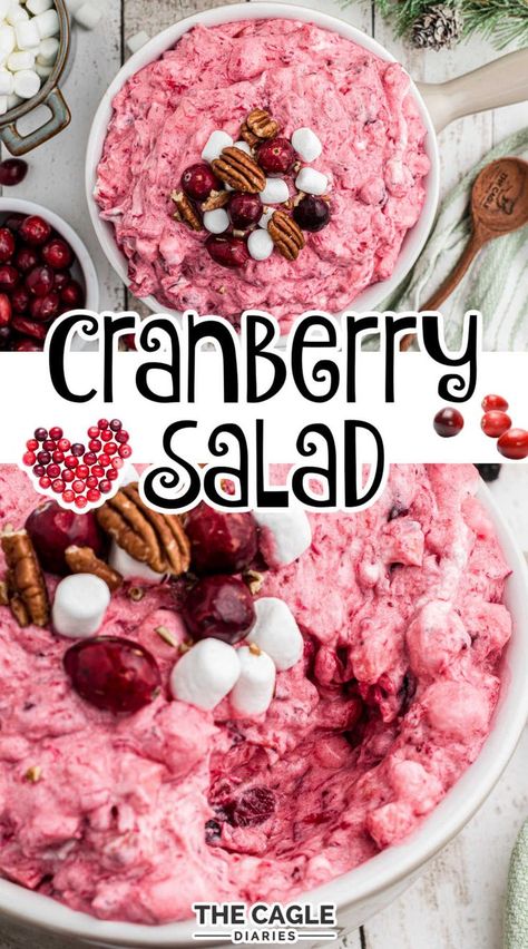 A fluffy and creamy cranberry salad full of delicious textures and flavors. It's perfect for Thanksgiving and Christmas dinner. Easy to make with frozen cranberries or fresh cranberries, just mix everything together. Cranberry Fluff Salad, Salad Christmas, Cranberry Salad Recipes, Cranberry Fluff, Gelatin Salad, Fluff Salad, Christmas Salad, Thanksgiving Foods, Fluff Recipe