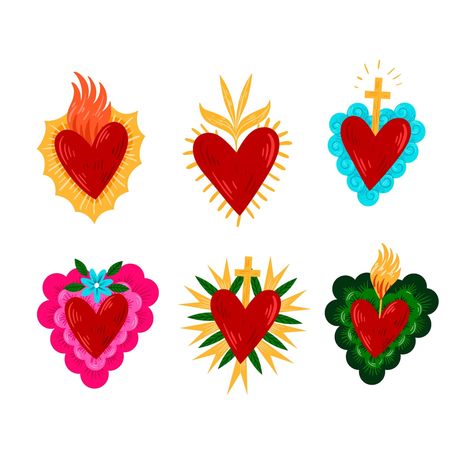 Free Vector | Illustrated colorful sacred heart set Sacred Heart Meaning, Mexican Heart Illustration, Mexican Paintings Ideas Easy, Mexican Illustration Art, Mexican Illustration, Mexican Print, Hearts Illustration, Illustration Heart, Festival Illustration