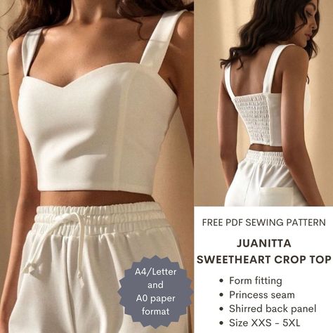 Juanitta sweetheart crop top – PDF sewing pattern – Tiana's Closet Crop Top Pattern Sewing, Sew Crop Top, Paper To Print, Top Pattern Sewing, Sweetheart Crop Top, Crop Top Sewing Pattern, Diy Clothes Patterns, Diy Crop Top, Sewing Top