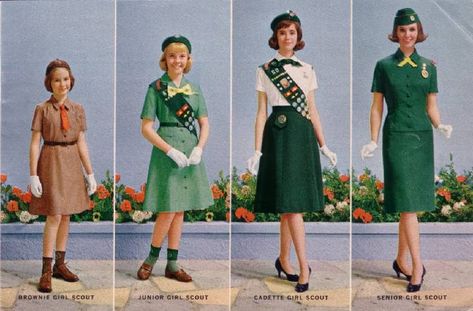 Girl Scout catalog 1963 - dress uniforms for scouts 1940s School Uniform, Girl Scouts Aesthetic, Girl Scout Aesthetic, Girl Scout Outfit, Scout Outfit, Girl Scout Costume, American Uniform, Girl Scout Uniform, Thai Silk Dresses