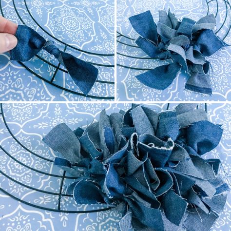 DIY Denim Doggie Rag Wreath Denim Rag Wreath Diy, Jean Wreath Recycled Denim, Blue Jean Wreath Diy, Denim Wreath Ideas, Blue Jean Wreath Ideas, Denim Wreath Diy, Recycled Wreaths Ideas, Denim Rag Wreath, Blue Jean Wreath