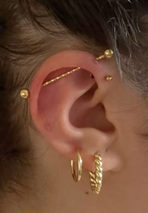 Minimalistic Ear Piercing Ideas, Bar Earings Piercings, Gold Industrial Bar Piercing, Golden Ear Piercing, Bar Peircings Cute, Golden Piercings Ear, Gold Industrial Piercing Bar, Industrial Piercing Jewelry Gold, Gold Ear Piercing Ideas