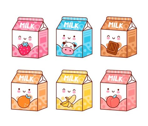 Cute happy funny flavored milk set | Premium Vector #Freepik #vector #box #character #cartoon #chocolate Milk Drawing, Milk Cartons, 귀여운 음식 그림, Stickers Kawaii, Happy Funny, Cute Food Drawings, Cute Food Art, Flavored Milk, Cute Animal Drawings Kawaii