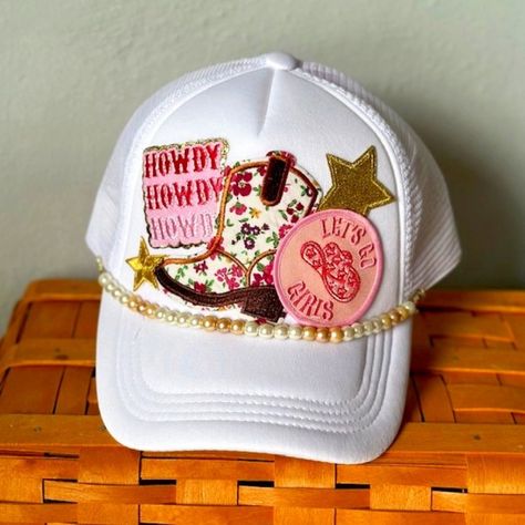 Foam, Snap Back Trucker Hat Perfect For The Music Festival Or Concert. Mulitple Embroidered, Iron-On Patches Adorn The Trendy Hat With A Removable Hand Beaded Hat Chain. Cowgirl Gift Ideas, Hats With Patches, Trucker Hat Patches, Custom Hat Ideas, Patches On Hats, Trucker Hats With Patches, Truckers Hats, Business Merch, Emoji Hat