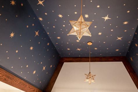 Nursery Star Ceiling, Hand Painted Stars On Wall, Star Stencil Ceiling, Gold Star Ceiling, Black Ceiling With Stars, Stars On Ceiling, Celestial Ceiling, Starry Ceiling, Modern Tudor