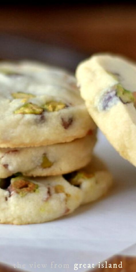 a stack of pistachio shortbread cookies The View From Great Island Recipes, Pistachio Shortbread Cookies, Pistachio Shortbread, Cranberry Orange Shortbread Cookies, Peach Bread, The View From Great Island, Pistachio Cookies, Baking Recipes Cookies, Cookie Swap