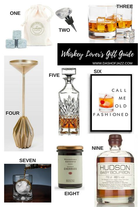 A roundup of inspired gifts for the whiskey fan in your life. These are great for a birthday, man cave, housewarming, the holidays or just because. Gift guide by Dash of Jazz via @dashofjazzblog #giftguide #giftsformen #holidaygiftguide Whiskey Auction Basket Ideas, Bourbon Gifts For Men, Bourbon Gift Basket Ideas, Whiskey Gift Ideas, Whiskey Gift Basket, Bourbon Gifts Basket, Whiskey Gifts Basket, Gifts For Whiskey Lovers, Whiskey Gifts For Men