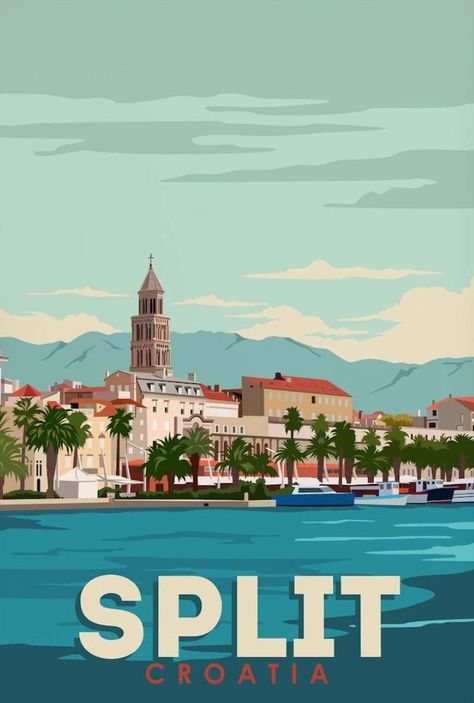 Croatia Poster, Interrailing Europe, Living Room Posters, Stari Grad, Poster Vintage Retro, Dalmatian Coast, Living Room Poster, Split Croatia, Home Room Decor