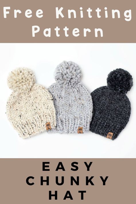 Quick and Easy Chunky Pompom Hat Free Knitting Pattern newborn baby children women beginner friendly Free Newborn Hat Knitting Pattern, Newborn Knit Hat Free Pattern, Free Chunky Knit Hat, Easy Bulky Knit Hat Pattern Free, Chunky Knitted Baby Hats Free Pattern, Free Chunky Hat Pattern, Bulky 5 Knit Hat Pattern Free, Beginner Knitted Hat Patterns Free, Knit Hat Easy