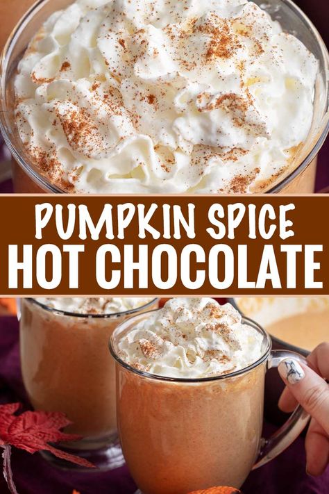 Pie In A Mug, Pumpkin Spice Hot Chocolate, Spice Hot Chocolate, Pumpkin Hot Chocolate, Chunky Chef, Hot Drinks Recipes, Pumpkin Spice Donut, Spiced Drinks, Pumpkin Spice Recipe