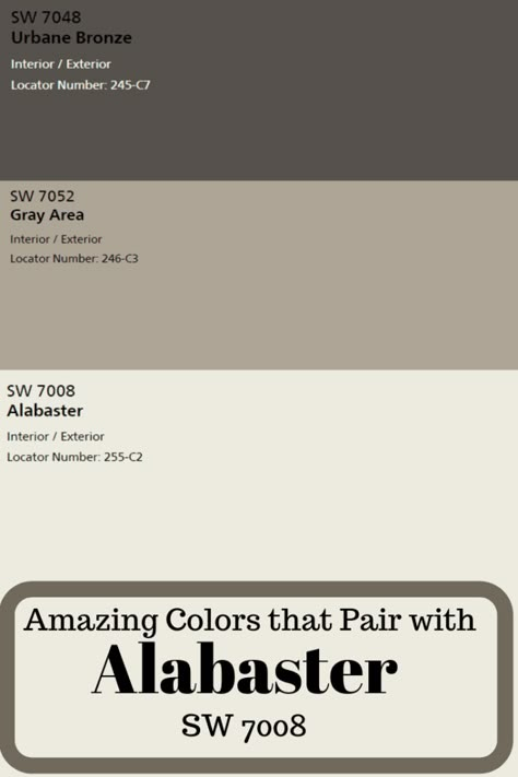 Because Sherwin Williams Alabaster has the perfect combination of warm and cool neutral undertones, you can use this perfect paint color virtually anywhere.#painting #home #paintcolors #homedecor Bone And Stone Paint, Sherwin Williams Tony Taupe Color Scheme, Beige Metal Roof Exterior Colors, Urban Bronze Shiplap Wall, Neutral Home Exterior Colors, Sw Pottery Urn Paint, Sherwin Williams Paint Colors Alabaster, Sw Naval Paint Color Palettes Exterior, House Paint Exterior Sherwin Williams