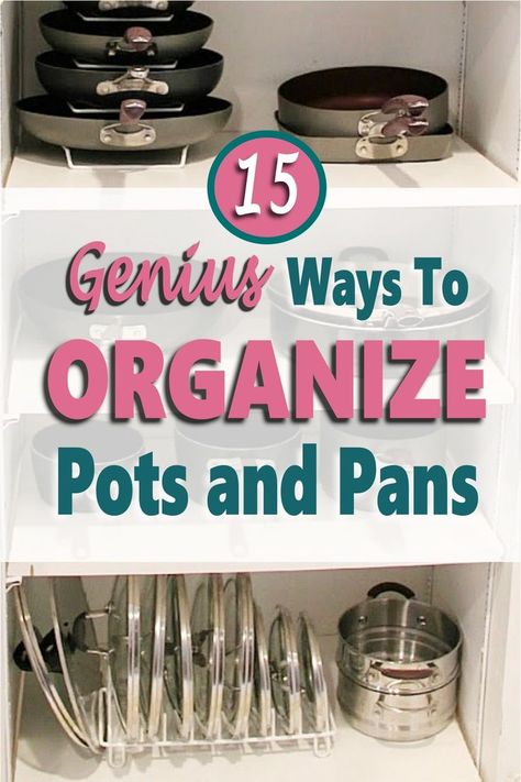 Organize your pots and pans once and for all with these brilliant kitchen storage solutions. Frustrated with the amount of cookware storage in your home & looking for storage ideas to organize pots and pans? I hear ya! Organizing pots and pans can be a pain, especially if you have a small kitchen or little cabinet storage space to fit everything. Luckily there are plenty of organizational ideas to finally get the chaos under control, maximize space, and finally organize your cookware. #organize Pots And Pan Drawer Organizer, Pot Lid Storage Ideas Diy, Organize Pots And Pans In Cabinet, Pot Lid Storage Ideas, Pot And Pan Storage Ideas, Pots And Pans Storage Diy, Organize Pots And Pans, Pots And Pans Storage, Pan Storage Diy