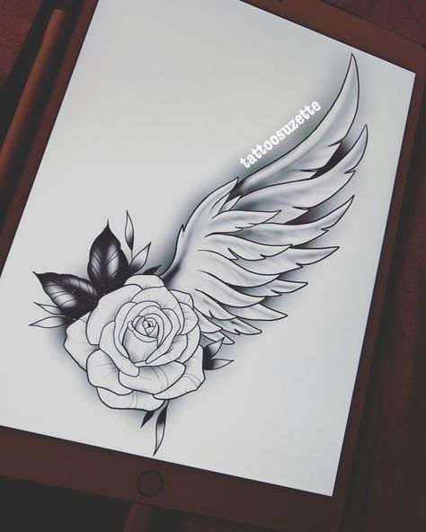 Rose And Wings Tattoo Design, Rose Wings Tattoo, Tattoo Stencils For Men Free Printable, Memorial Tattoo Designs, Cuff Tattoo, Rose Drawing Tattoo, Canvas Painting For Beginners, Rose Tattoos For Women, Remembrance Tattoos