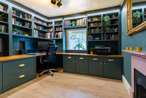 Enigma Design » Home Office In Inchyra Blue Teal Home Office, Townhome Interior, Mansfield House, Office Cabinetry, Office Study Ideas, Teal Kitchen Cabinets, Office Dressing Room, Orange Cabinets, Blue Home Office