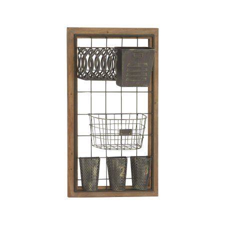 Multipurpose Metal Wood Wall Storage, Multicolor Mudroom Farmhouse, Wall Basket Storage, Mail Organizer Wall, Organizational Hacks, Organization Storage, Basket Wall Decor, Metal Baskets, Brown Walls, Family Organizer