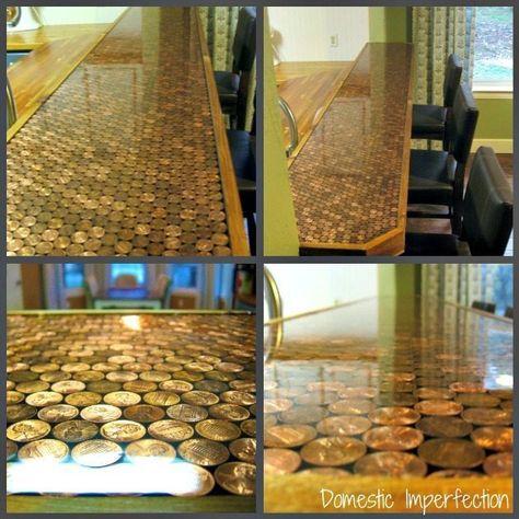 PennycollageW Penny Countertop, Diy Kitchen Makeover Ideas, Diy Kitchen Countertops, Kitchen Diy Makeover, Diy Countertops, Butcher Block Countertops, Kitchen Makeover, Diy Home Improvement, Counter Top