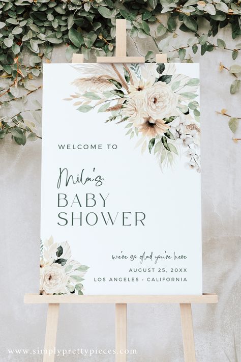 Welcome your guests to a beautiful and unique baby shower with our sage boho baby shower welcome sign! Our pampas grass welcome board is an editable template, so you can customize it to suit your special event. From the perfect colors to the perfect font, this welcome sign will complete your boho baby shower theme. Click for more details and make your baby shower one to remember! Welcome Sign For Gender Reveal Party, Baby Shower Entrance Sign, Simple Baby Shower Welcome Sign, Boho Baby Shower Welcome Sign, Baby In Bloom Welcome Sign, Coastal Boho, Boho Girl, Welcome Poster, Baby Shower Inspiration