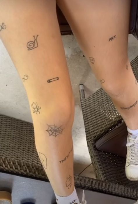 Scattered Leg Tattoos, Safety Pin Tattoo, Spiderweb Tattoo, Pin Tattoo, Stick Tattoo, Stick Poke Tattoo, Artsy Tattoos, Stick N Poke Tattoo, From Tiktok