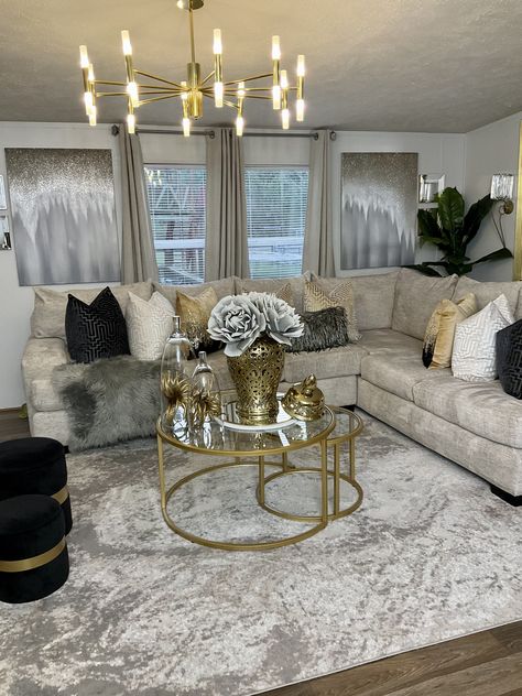 Grey And Gold Living Room Ideas Luxe, Glam Home Decor Ideas Living Room, Lux Living Room Decor, Grey Gold Neutral Living Room, Brown Glam Living Room, Bougie Apartment Decor, Black Gray Gold Cream Living Room, Den Decorating Ideas, Contemporary Glam Living Room