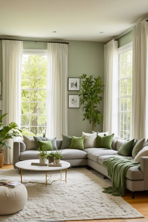 Den House Ideas, Calm Sitting Room Ideas, Green House Paint Interior, Green Apartment Aesthetic Living Room, Tan And Green Living Room Ideas, Earthy Neutrals Living Room, Light Green Walls Living Room Decor, Home Flooring Ideas Living Room, Build In Living Room