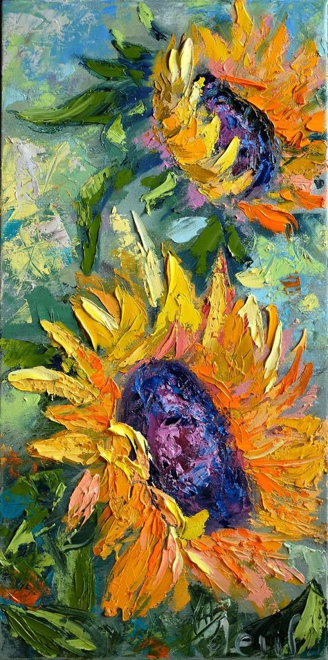 Vertical sunflowers painting, original textured oil painting on canvas by Olena Leus. Vertical painting is a great decor, it doesn't need so many time as square or horizontal painting and it is easier to implement it in your interior. #sunflowerspainting #ukrianianart Large selection of textured painting, impasto painting Sunflowers Painting, Horizontal Painting, Contemporary Art Canvas, Arte Van Gogh, Texture Painting On Canvas, Teal Background, 수채화 그림, Sunflower Art, Impasto Painting