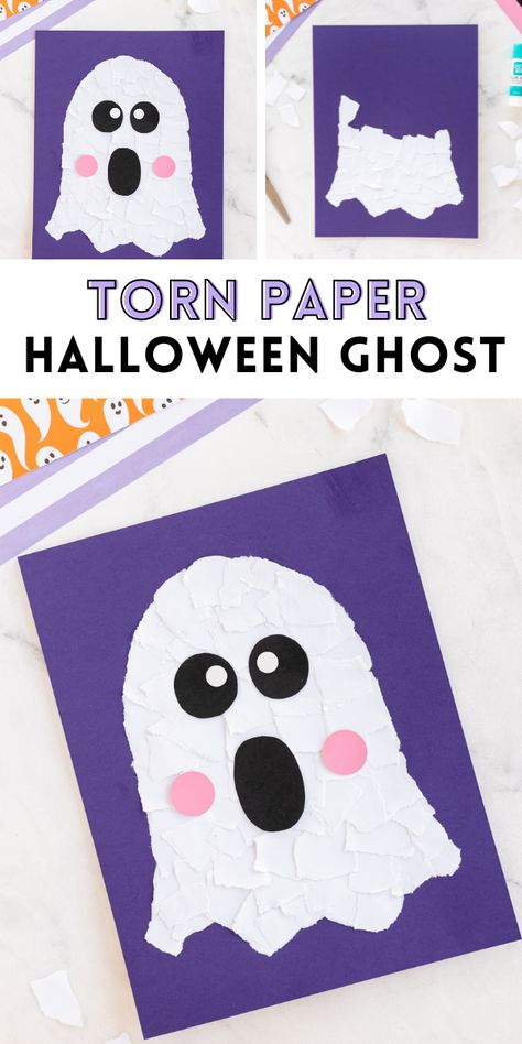 This Easy Torn Paper Ghost Craft is such a fun and simple craft for kids of all ages.   You only need paper, glue,  and under 30 minutes to complete this craft for the Halloween season. Halloween School Age Crafts, Halloween Craft Kids First Grade, Easy Back To School Crafts For Kindergarten, Halloween Crafts For Kindergarten Kids, Halloween Crafts Easy For Kids, Easy Halloween Craft 2nd Grade, Halloween Kindergarten Crafts Easy, Halloween Glue Crafts, Halloween Ghost Crafts Preschool