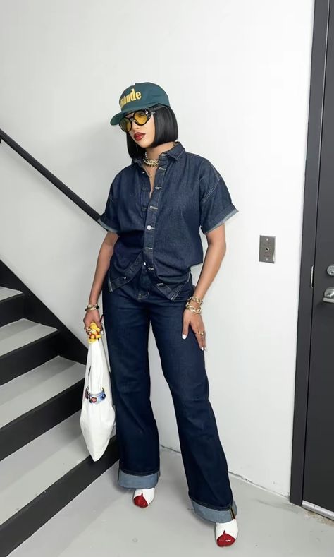 Black Women Baseball Cap Outfit, Casual Work Outfits Street Style, Denim Shirt Outfit Women Work, Denim Set Outfit Black Women, Fitted Caps Outfit Black Women, Baseball Hat Outfit Black Women, Outfit With Orange Shoes, Day Party Outfits Black Women, Dope Outfits Black Women