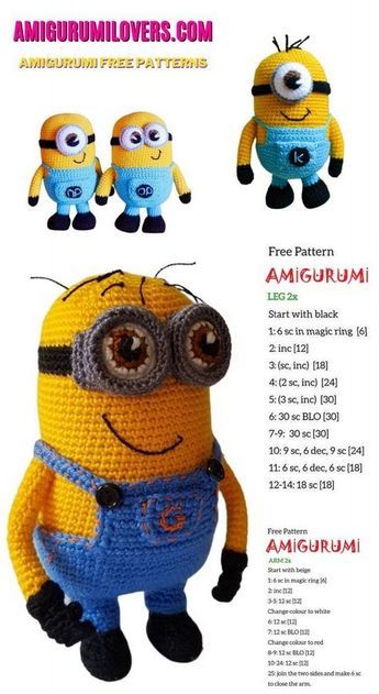 Amigurumi Minion Free Crochet Pattern - Amigurumilovers.com Crocheted Minions Pattern, Amigurumi Minion Free Pattern, Crochet Minion Free Pattern, Crochet Cartoon Characters Free Pattern, Crochet Minions Pattern Free Amigurumi, Minions Amigurumi, Minion Doll, Minion Crochet Patterns, Crochet Minion