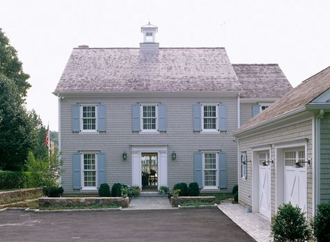 Lynn Morgan in CT Beach Inspired Decor, Blue Shutters, Gray House, Grey Houses, Enchanted Home, Beach House Interior, Hamptons Style, Exterior Paint Colors, House Exteriors