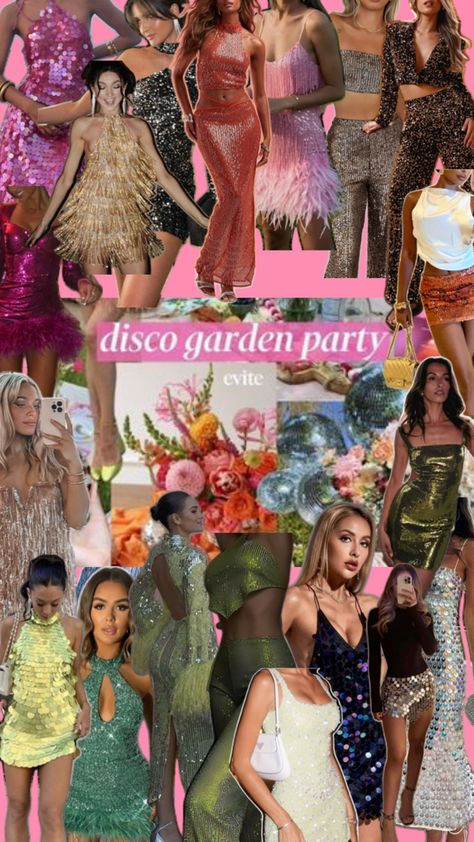 Tropical Disco Outfit, Disco Bloom Party, Abba Costume Diy, Disco Garden Party Outfit, Modern Disco Outfit For Women, 70 Outfits 70s Fashion, 70 Disco Party Outfit, Tropical Disco Party, Party Dress Code Ideas