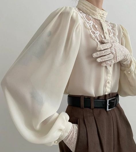 Modern Victorian Style Clothing, Modern Victorian Fashion Aesthetic, Transmasc Formal Wear, Victorian Womens Fashion, Victorian Modern Fashion, Victorian Style Outfits, Poet Fashion, White And Brown Outfit, Blouse Reference