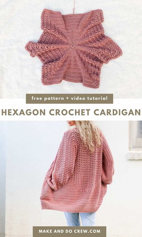 Get ready for fall with this free hexagon cardigan crochet pattern from Make and Do Crew! This easy-to-follow tutorial includes detailed videos, making it perfect for beginners crocheting their first garment. Customize your sweater with different color ideas and add deep pockets for an extra touch of flair. Whether you're looking for a trendy outfit or a cute gift idea, this hexagon motif cardigan is sure to impress. Visit our blog for more crochet cardigan patterns. Solid Hexagon Cardigan, Hexagon Sweater Crochet Pattern, Hexagon Cardigan Crochet Pattern, Easy Crochet Gift Ideas, Hexagon Crochet Cardigan, Hexagon Cardigan Crochet, Crochet Hexagons, Hexagon Crochet Pattern, Hexagon Cardigan