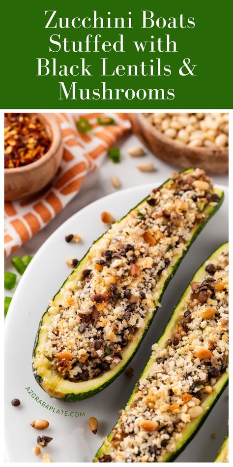 Zucchini Boats Stuffed with Black Lentils & Mushrooms Zucchini Mushroom Recipes, Lentils Mushrooms, Dinner Cravings, Mushroom Stuffed, Tortellini Bake, Mediterranean Meals, Friends Recipes, Easy Vegan Recipes, Black Lentils