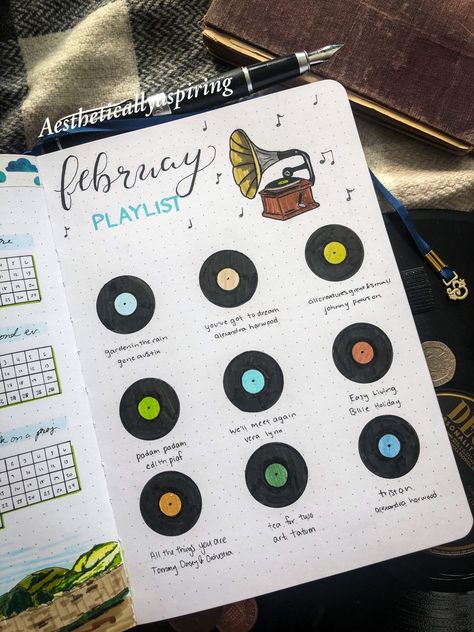 Bujo Music Playlist, Bujo First Page Ideas 2023, Bujo Aesthetic Ideas, Retro Journal Ideas, Playlist Journal Ideas, Bullet Journal Playlist Page, Playlist Journal Page, Bulett Jornal Ideas, Bujo Tracker Ideas