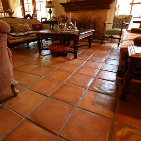 Create the look of large format Spanish floor tile with cement tile. Spanish Floor Tile, Trendy Kitchen Tile, Saltillo Tile, Flooring Carpet, Rustic Tile, Dark Tile, Flooring Design, Casas Coloniales, Patio Flooring