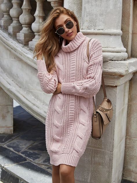 High Neck Cable Knit Sweater Dress | SHEIN USA Winter Turtleneck, Women Turtleneck, Cable Knit Sweater Dress, Elegant Sweater, Womens Knit Dresses, Sweater Dresses, Turtle Neck Dress, Knit Sweater Dress, 가을 패션