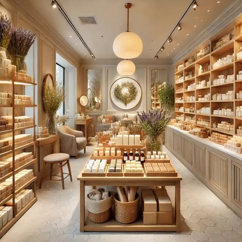 Lavender Store Design, Aromatherapy Store Design, Apothecary Pop Up Shop, Soap Shop Ideas, Natural Shop Design, Herbal Store Design, Artisanal Interior Design, Candle Shop Ideas, Tiny Retail Store