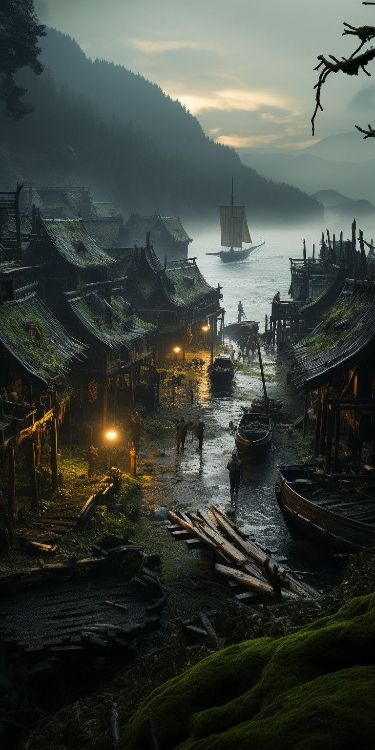 Dystopian Fantasy World Aesthetic, Dnd Setting Inspiration, Fantasy Outpost, Dnd Landscape Art, Fantasy Places City, Dnd City Art, Fantasy Harbor, Fantasy Apocalypse, Fantasy World Aesthetic