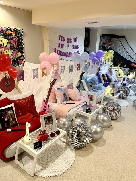 Diy Taylor Swift Birthday Party, Birthday Party Ideas Sleepover, Eras Tour Sleepover Ideas, Eras Tour Bday Party, Taylor Swift Slumber Party Ideas, Eras Tour Sleepover, Birthday Activities Ideas, Taylor Swift Birthday Sleepover Ideas, Swiftie Sleepover Ideas