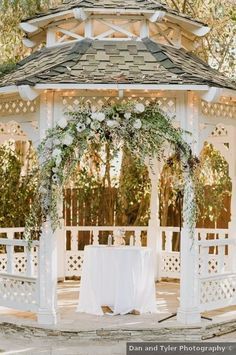 Wedding ceremony ideas - gazebo greenery outdoor white fall elegant {Dan and Tyler Photography} White Gazebo Wedding Flowers, Outdoor Wedding Ceremony Gazebo Floral Arch, Gazebo Wedding Decorating Ideas, Gazebo Wedding Flowers, Gazebo Flowers Wedding, Gazebo Decorating Ideas Wedding, Wedding Gazebo Ideas, Wedding Gazebo Flowers, Statement Centerpieces