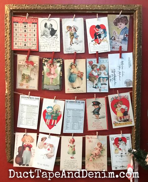 Vintage Valentine postcards displayed on antique picture frame | DuctTapeAndDenim.com Vintage Card Display Ideas, Postcard Display Ideas, Valentines Booth, Vintage Postcard Display, Valentine's Goodies, Valentine Inspiration, Postcard Display, Vintage Valentines Decorations, Hutch Display