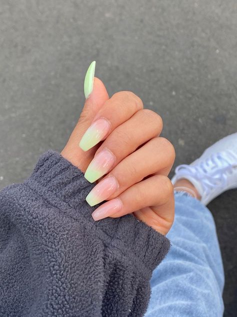 Ombre Pink And Green Nails, Green To White Ombre Nails, Green Pink Ombre Nails, Pink Nails With Green Tips, Watermelon Ombre Nails, Green Fade Nails, Green Ombre Nails Acrylic, Light Green Ombre Nails, Ombré Green Nails